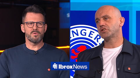 A 50:50 image showing Steven Thompson and James Fadden react to Rangers win vs St Johnstone on BBC Sportscene.