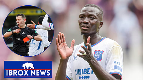 Rangers ace Mohamed Diomande was sent off by Nick Walsh. (Credit: Imago, Sky Sports)