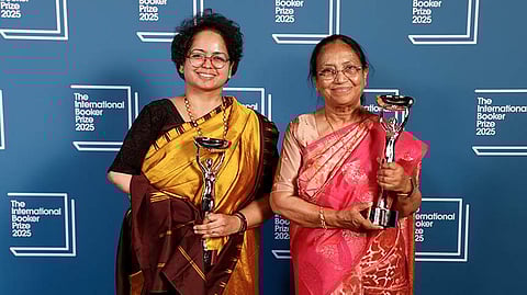 Author Banu Mushtaq (right) with translator Deepa Bhasthi with their International Booker Prize 2025 trophies for ‘Heart Lamp’