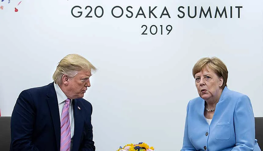 Federal Chancellor Angela Merkel (r, CDU) and Donald Trump, President of the United States of America (USA), at the G20 summit in 2019. In a rare occurrence the US and Germany blocked China's resolution based on a bogus claim by Pakistan that blamed India, a newly elected non-permanent member of the Council, for a terror attack in Baluchistan.
