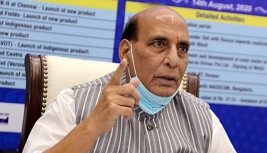 Defence Minister Rajnath Singh during the launch of the Department of Defence Production, MoD's portal SRIJAN. The minister has stated that the Make in India mantra would meet the requirements of the country's armed forces.

