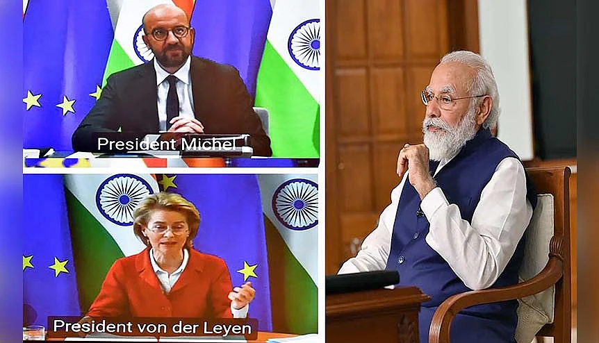 Prime Minister Narendra Modi at the 15th India-EU (virtual) summit. India and other major trading powers have called on Britain and the EU to clarify terms for renegotiating tariff levels after Brexit and for compensating their suppliers for any lost market access. 
