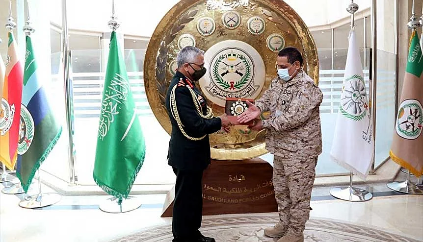 Chief of Army Staff General MM Naravane felicitated by General Fahd Bin Abdullah Mohammed Al-Mutir, Commander Royal Saudi Land Forces, during his visit to Saudi Arabia. The visit is being seen by analysts as the strongest reflection of India's growing strategic clout with the Gulf Arab countries.