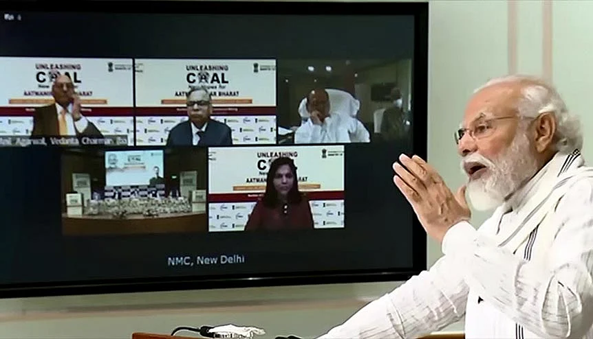 Indian PM Narendra Modi makes an address during the auction of coal mines. The government is relaxing its control on the sector that was once seen as the country's prime source of energy.