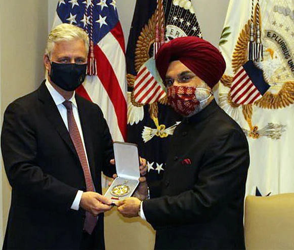 Indian Ambassador to US Taranjit Singh Sandhu accepted the medal on behalf of PM Modi given by US National Security Advisor Robert C O’Brien. The award was also a strong validation of the security policies pursued by the Modi government to keep the Indian Ocean and Indo-Pacific free of external threats and hegemony and conducive to free trade.