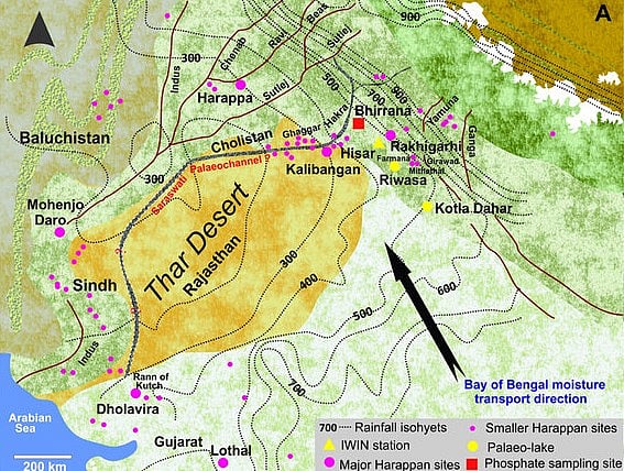 Map of the northwest India and Pakistan show locations of main Harappan settlements. Source: Nature