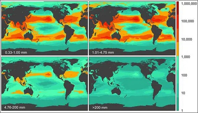 महासागरों में तेजी से बढ़ते प्‍लास्टिक के प्रदूषण को इस नक्‍शे के जरिये समझा जा सकता है। मानचित्र में महासागर में प्रतिवर्ग किलोमीटर में पाए जाने वाले प्‍लास्टिक (pieces km−2) के स्‍तर को अलग-अलग रंगों के जरिये दर्शाया गया है।
