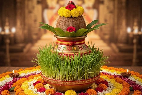 नवरात्र में स्‍थापित कलश के चारों ओर अंकुरित जौ प्रकृति व हरियाली से प्रेम और उसके संरक्षण का संदेश देते हैं।&nbsp;