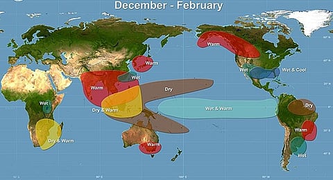 प्रशांत महासागर में उत्‍पन्‍न होने वाला अलनीनो प्रभाव दुनिया के एक बड़े क्षेत्र के मौसम और बारिश को प्रभावित करता है।