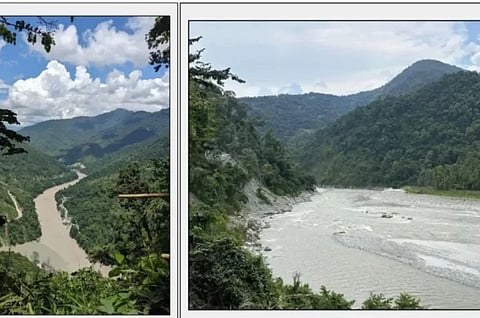 (बाएं) कालिम्पोंग जिले में पेशोक रोड स्थित लवर्स मीट व्यू पॉइंट से त्रिवेणी (2024); पश्चिम बंगाल के कालिम्पोंग जिले के किरनी से तीस्ता नदी। | चित्र साभार: आकृति थातल