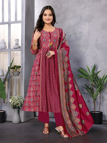 Silk blend embroidered calf length flared kurta with pant and dupatta
