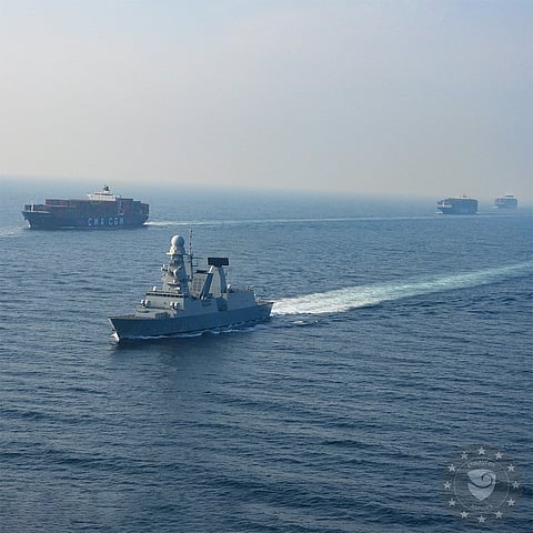 Italian destroyer Andrea Doria provides close protection to the merchant ships in Red Sea.
