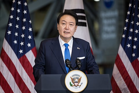 President Yoon Suk Yeol  delivers remarks during a tour of NASA’s Goddard Space Flight Center April 25, 2023