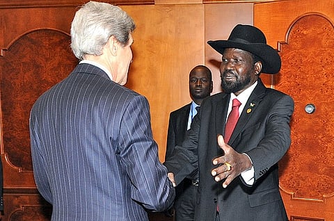 John Kerry  with President Salva Kiir before the conclusion of the 50th anniversary African Union Summit in Addis Ababa, Ethiopia, on May 26, 2013