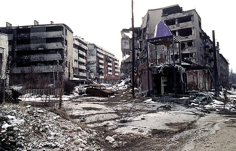 View of Grbavica, a neighbourhood of Sarajevo, approximately 4 months after the signing of the Dayton Peace Accord that officially ended the war in Bosnia. 