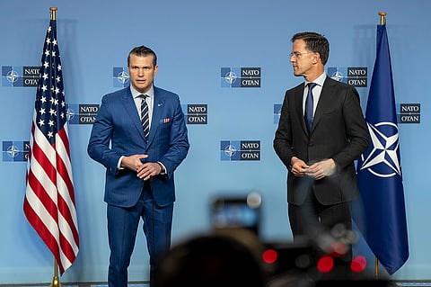 Secretary of Defense Pete Hegseth and NATO Secretary General Mark Rutte conduct a press engagement at NATO Headquarters in Brussels, Belgium, Feb. 13, 2025. 