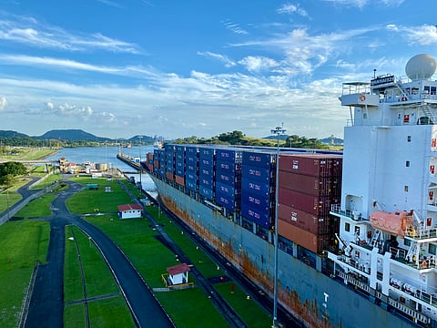 Cargo ship passing by the Panama canal
