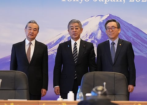 From left to right: Chinese Foreign Minister Wang Yi, Japanese Foreign Minister Takeshi Iwaya, and South Korean Foreign Minister Cho Tae-yul 