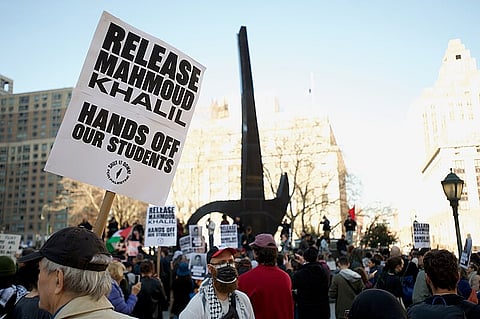 Protests in Thomas Paine Park against the detention of Palestinian activist and Columbia student Mahmoud Khalil.