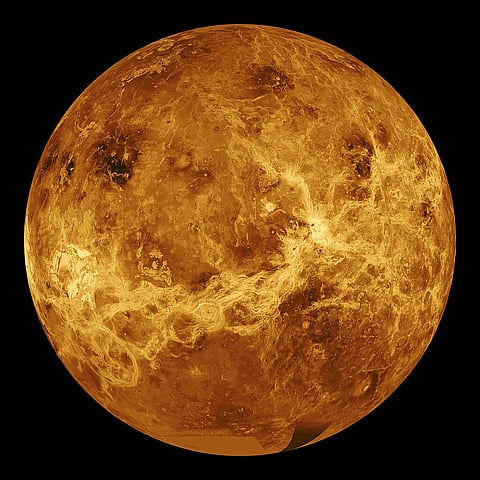 This global view of the surface of Venus is centered at 180 degrees east longitude