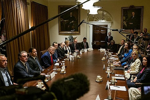 President Donald Trump presides over a Cabinet meeting in the Cabinet Room on April 10, 2025.