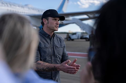 Hegseth speaks to members of the press at Pope Army Airfield, N.C., May 22, 2025. 