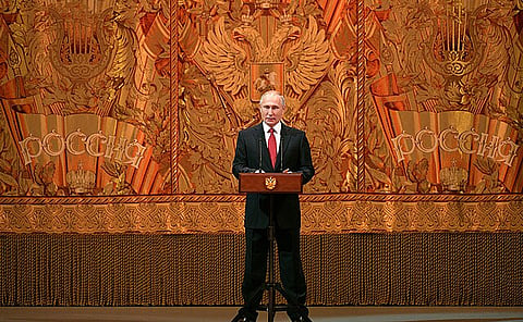 Vladimir Putin giving a speech at a gala evening in the Bolshoi Theatre dedicated to welcoming the New Year, 2018.
