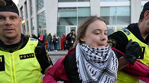 Greta Thunberg being arrested at a protest against Israel's ongoing genocide.