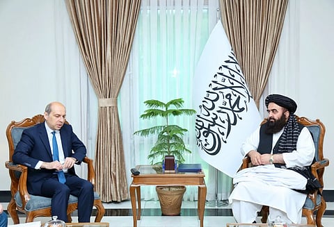 Russian Ambassador to Afghanistan Dmitry Zhirnov and Afghan Acting Foreign Minister Amir Khan Muttaqi