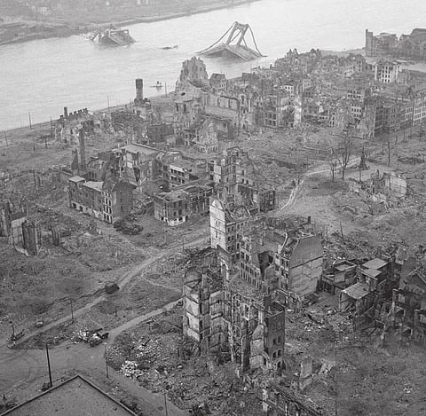 Aerial photo of the effects of bombing Cologne, during WW2.