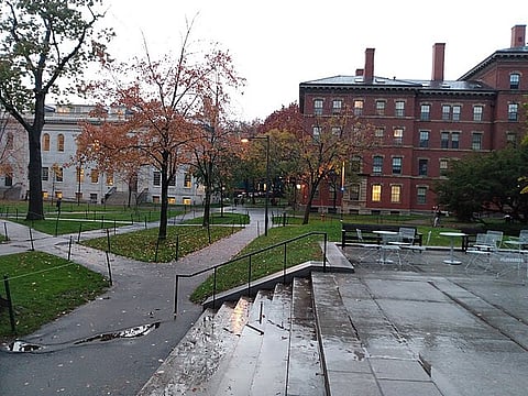 View of Harvard University from Memorial Church, featuring University Hall (left) and Thayer Hall (right), captured in November 2019.