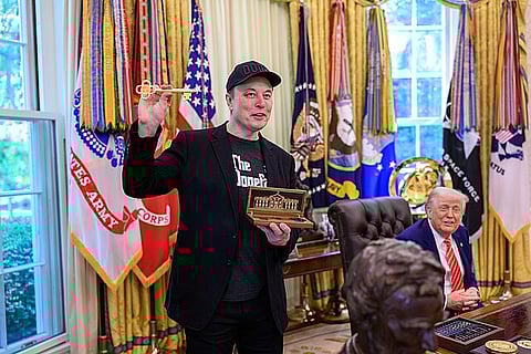 U.S. President Donald Trump speaks at a press conference alongside former DOGE adviser Elon Musk, who resigned earlier, on May 30, 2025, in the Oval Office.