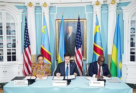 Marco Rubio hosts a Declaration of Principles signing ceremony between the DRC  and Rwanda in Washington, D.C., April 25. 2025 