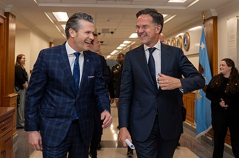 Pete Hegseth with Mark Rutte after a bilateral exchange at the Pentagon, Washington, D.C., April 24, 2025. 