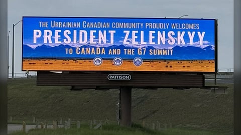 Billboard welcomes Ukrainian President Zelenskyy to Calgary as he attends G7 summit.