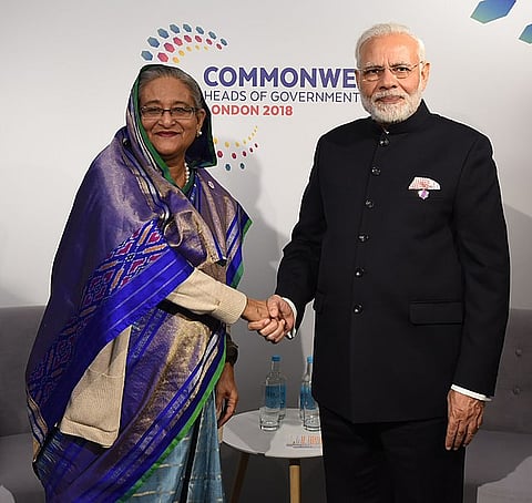 The Prime Minister of India Narendra Modi meeting the now ousted Prime Minister of Bangladesh, Ms. Sheikh Hasina