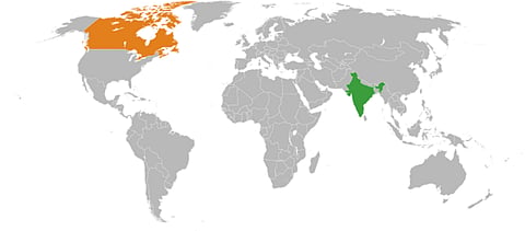 A map of the location of Canada and India.
