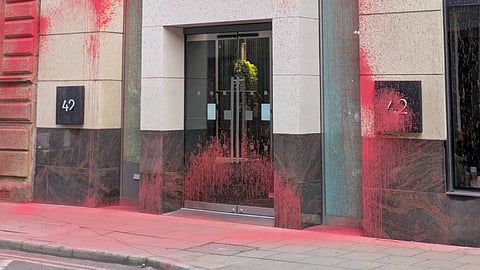 Plestine Action targeting Allianz's Manchester office with red paint on June 20, 2025, as a protest against the company's insurance support for Elbit Systems, Israel's largest weapons manufacturer.