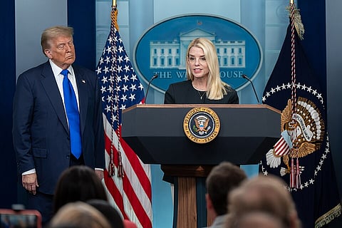 President Donald Trump holds a press conference with Attorney General Pam Bondi and Deputy Attorney General Todd Blanche in the James S. Brady Press Briefing Room on Friday, June 27, 2025. 