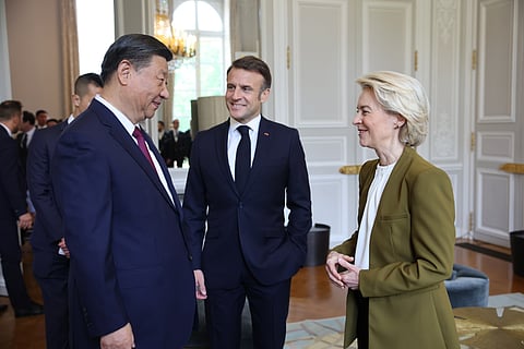 Xi Jinping meeting with Emmanuel Macron and President of the European Commission Ursula von der Leyen, during Xi's visit to France, 6 May 2024.