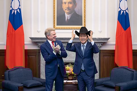 U.S. Representative Michael McCaul gifts Taiwanese President William Lai with a cowboy hat, 27May 2024.