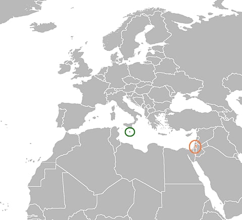 Map showing the locations of both Malta and Palestine.