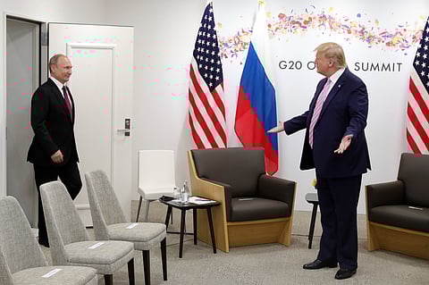 President Trump meeting President Vladimir Putin of Russia at the G20 Summit in Japan in 2019.