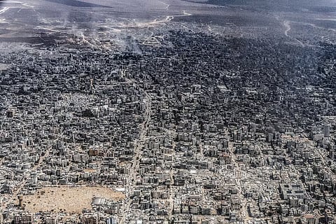 An aerial view of what the Gaza City area looked like; taken from a Jordanian military aircraft, during early August 2025.