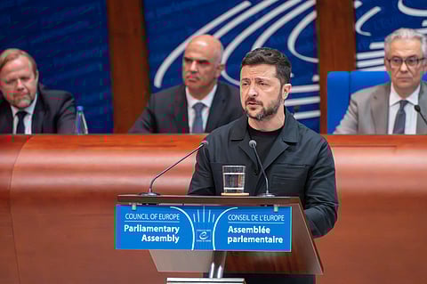 Ukrainian President Volodymyr Zelensky speaking to the Council of Europe