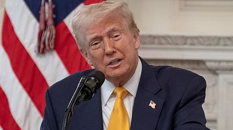 President Donald Trump delivers remarks at a business session with the nation’s governors, Friday, February 21, 2025, in the State Dining Room of the White House.