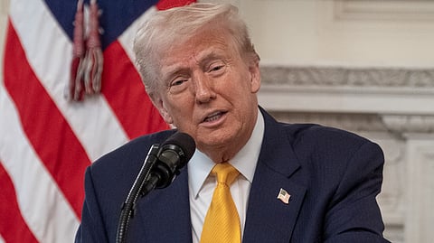 President Donald Trump delivers remarks at a business session with the nation’s governors, Friday, February 21, 2025, in the State Dining Room of the White House