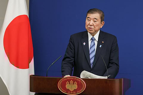 Shigeru Ishiba delivering a speech on nuclear disaster prevention training in February 2025.