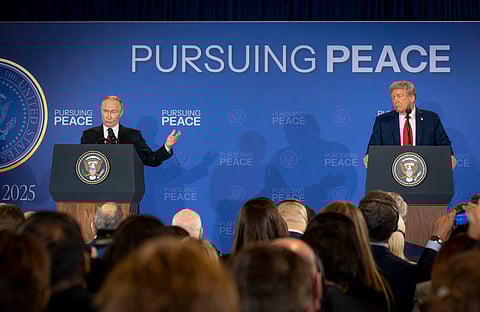 President Donald J. Trump and Russian President Vladimir Putin hold a press conference at Joint Base Elmendorf-Richardson, Anchorage, Alaska, August 15, 2025.