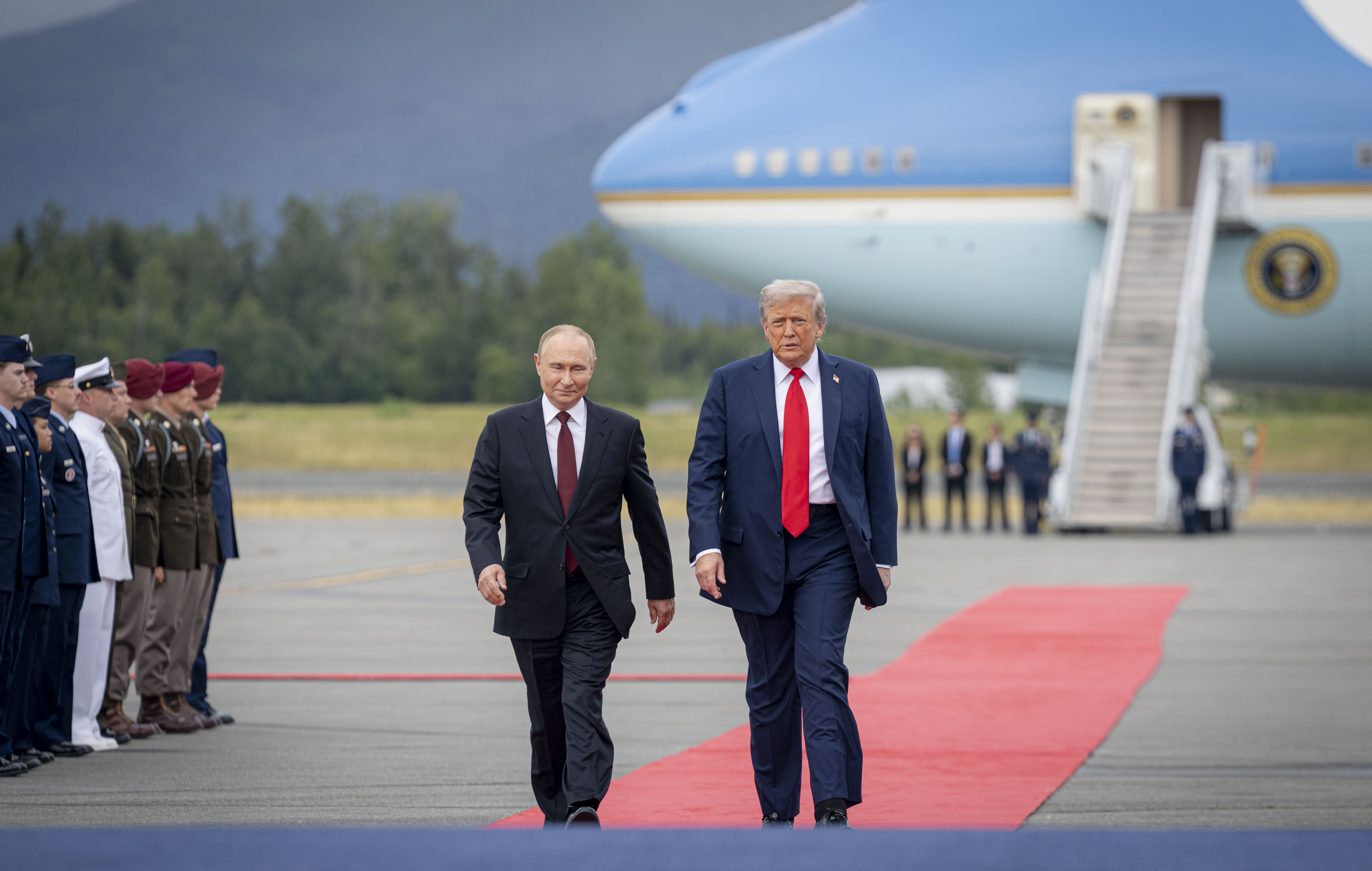 President Donald J. Trump welcomes Russian President Vladimir Putin to Joint Base Elmendorf-Richardson, Anchorage, Alaska, August 15, 2025.